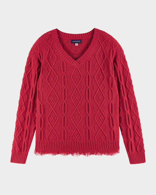 Girl's Cable Knit V-Neck Sweater W/Frayed Edges, Size 7-16